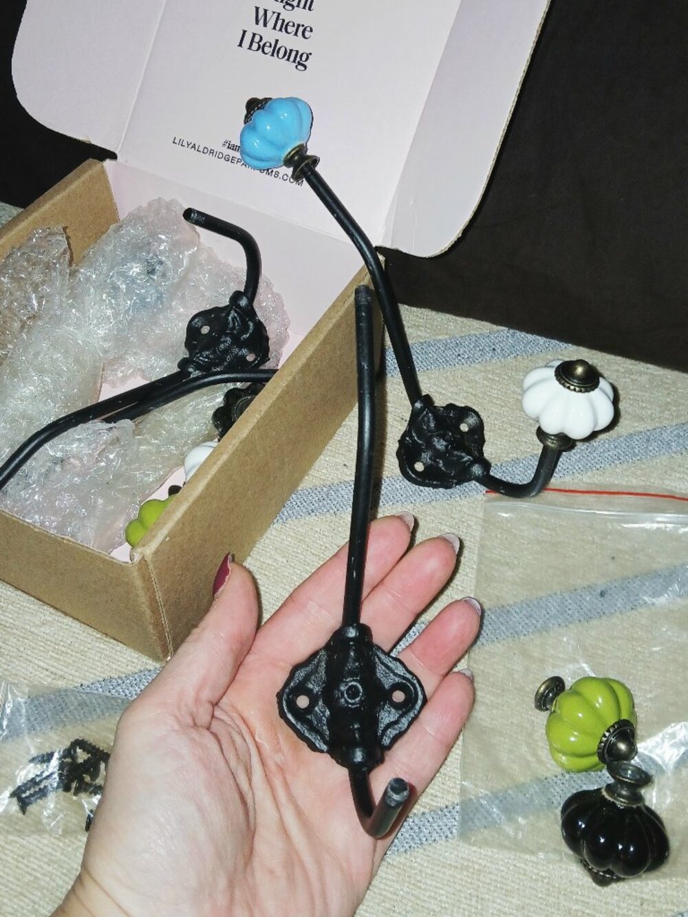 Set of 4 Coat Hooks w Porcelain Accents